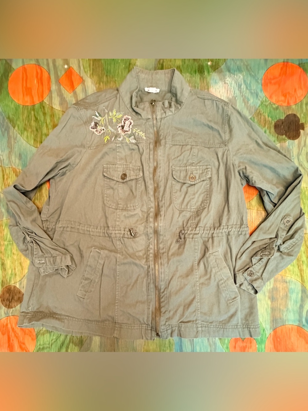 Westport Womens Army Green Floral Embroided Jacket Sz 1X Full Zip Pockets Cotto